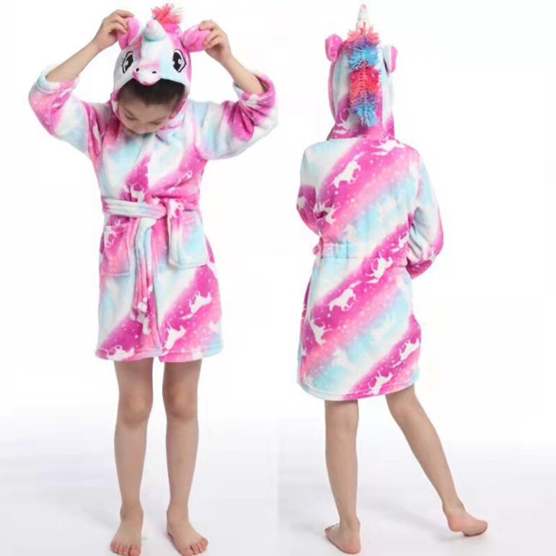 Toddler Girl Bathrobe Kids Soft Warm Rainbow Horse Flannel Pajamas Children Towel Robes Homewear Cartoon Zoon Short bathrobe