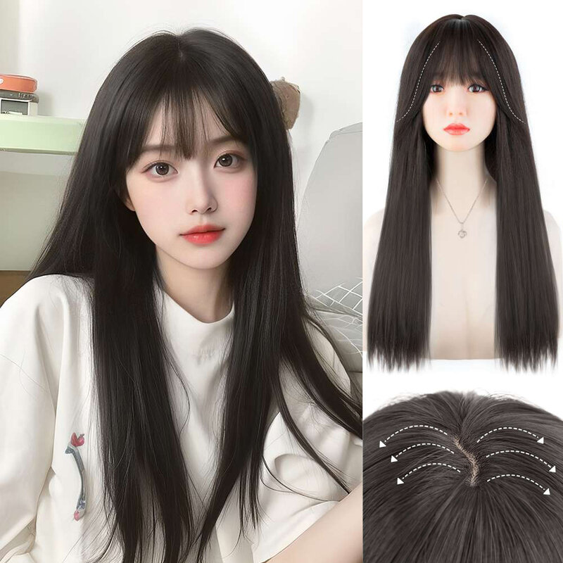 ALXNAN длинный прямой синтетический парик с челкой, черные волосы, парики для женщин, косплей, натуральные волосы, парики, вечерние термостойкие