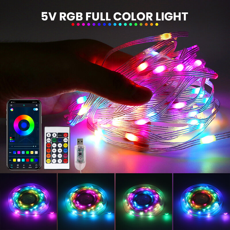 Usb Power Smart Rgb Strip Licht 5V Bluetooth App Controle Fairy Led String Licht IP65 Waterdichte Garland Lamp Voor kerst Decor