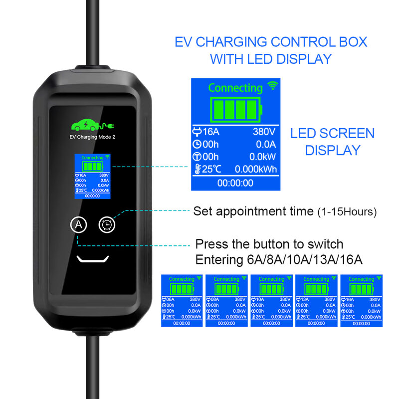 6/8/10/13/16A 11KW 32A 7.2KW Portable Eletric Vehicle Charger Type 2 APP Wifi Control Set Charging Time PHEV Hybrid Car 5/10M