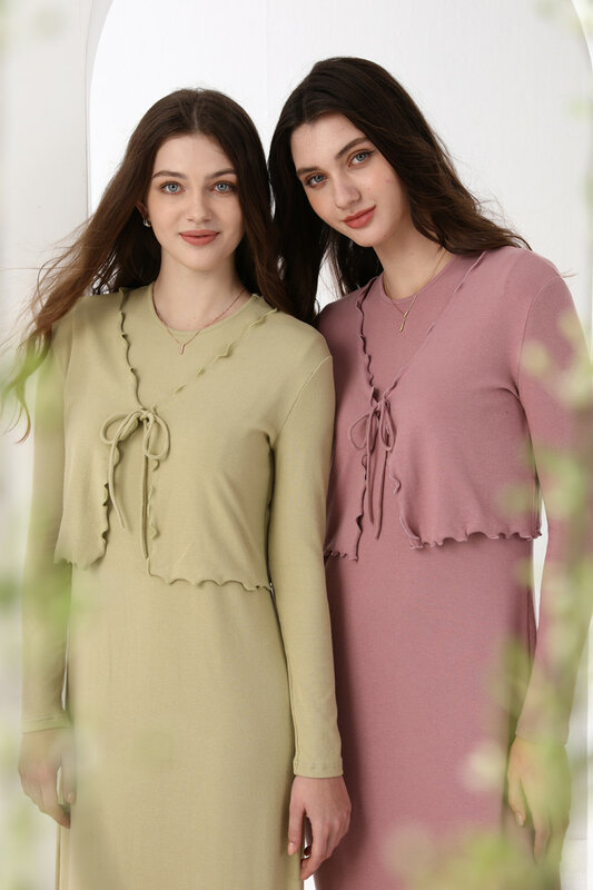 Sebagai 2024 pakaian wanita musim panas cardigan selada + Gaun Ruffle Set Maxi serat alam merek kain ribbing (dikirim dalam 24 jam)