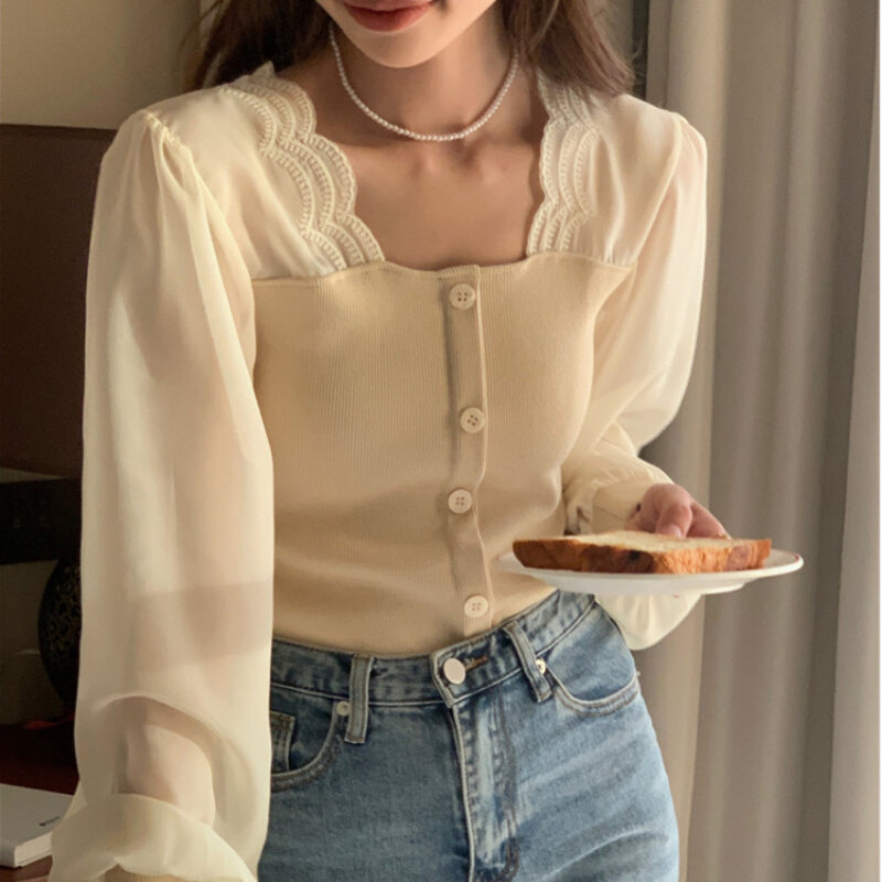 Women Clothing 2022 Spring and Autumn Korean Patchwork Square Collar Chiffon Slimming Bubble Sleeve Casual Fashion Shirt Women