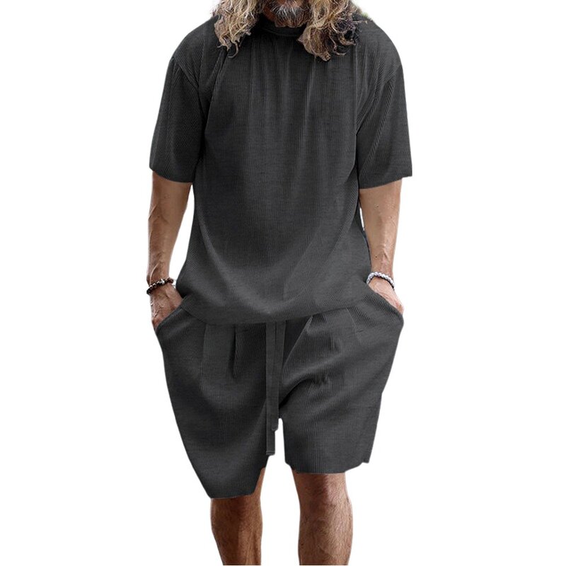 Fato esportivo de poliéster com decote em O masculino, shorts de manga curta, leve, elástico, monocromático, elegante, verão