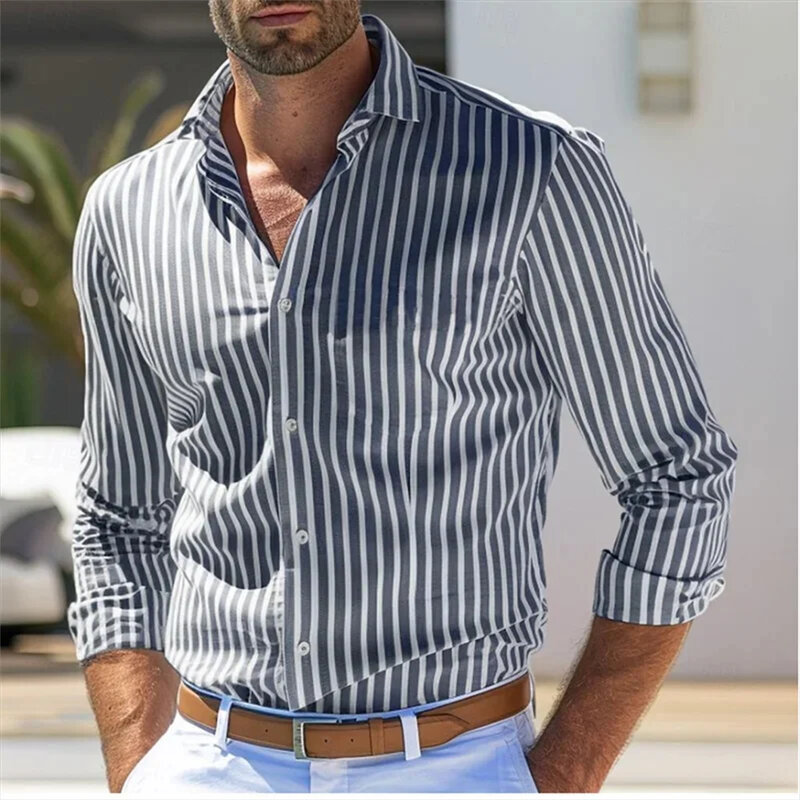 Мужская Повседневная рубашка с воротником на пуговицах, черная, красная, синяя рубашка с длинными рукавами, полосатая рубашка с лацканами, повседневная одежда для отдыха, модная рубашка