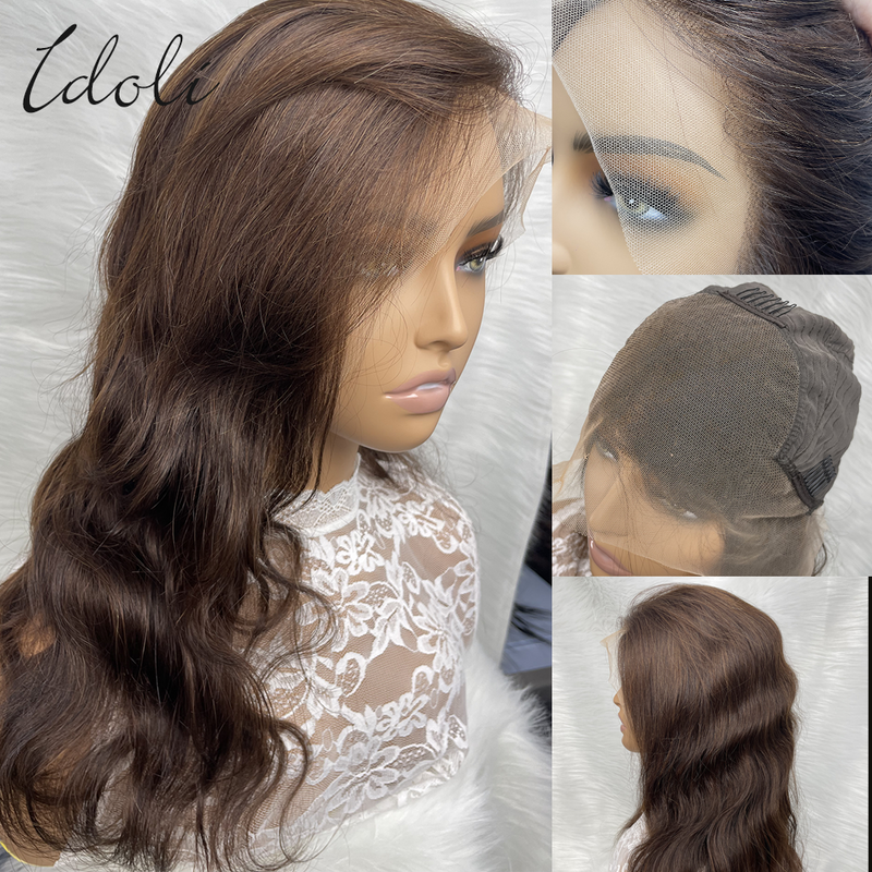 Perruque Body Wave Lace Front Wig naturelle, cheveux humains, brun chocolat, 13x6, pre-plucked, transparent HD, 180%