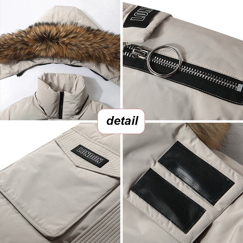 メンズの冬のジャケット,厚くて暖かいフード付きの毛皮の襟付きの暖かいコート,ステッカー付きの白いダックダウンジャケット