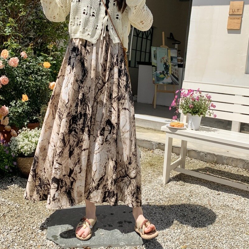 Модная универсальная трапециевидная юбка с принтом в стиле ретро, летняя новая длинная юбка