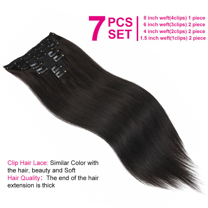 Ekstensi rambut klip dalam rambut manusia Brasil lurus alami warna hitam 1B # kain kulit mulus tidak terlihat 100% rambut Remy