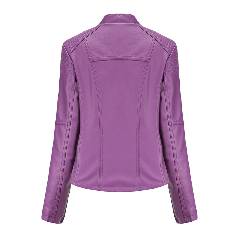 Jaqueta de couro PU falso feminino, casaco de motociclista, zíper fino, outerwear locomotiva, roxo, primavera, outono, novo, 4XL