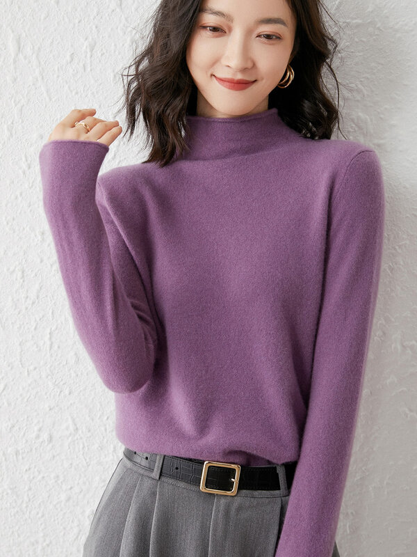 MRMT blus Sweater wol wanita, merek baru 2024 wol longgar kerah setengah tinggi warna Solid dasar pendek