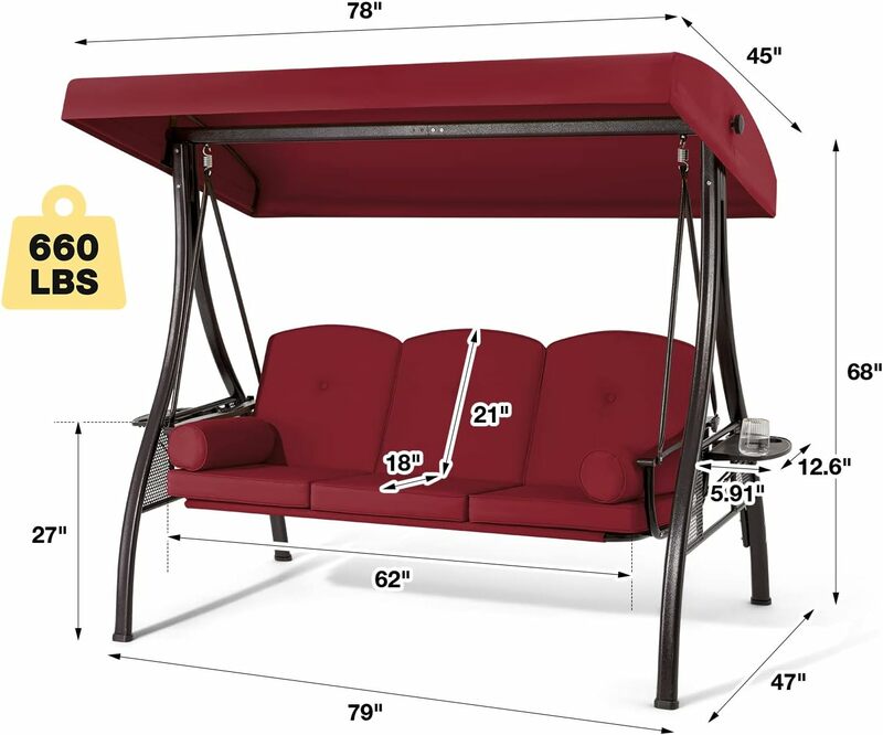 Balanço da varanda ao ar livre com dossel ajustável e encosto, Weather Resistant Steel Frame, Pátio Swing Chair, confortável, 3-Seat
