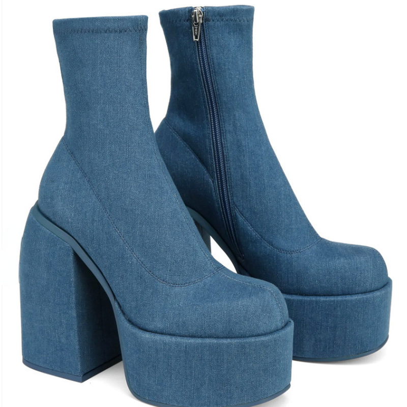Женские джинсовые ботинки на платформе, белые ботинки на массивном каблуке, с круглым носком, большие размеры 41 42, Осень-зима 2022
