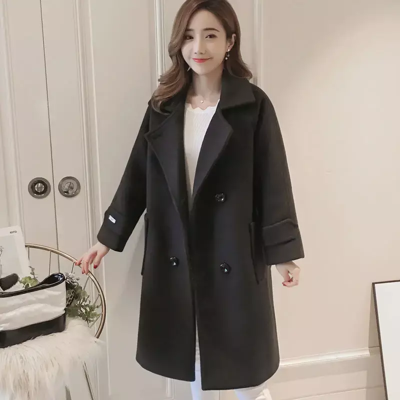 Mantel Wol Fashion Korea Wanita 2022 Musim Gugur Musim Dingin Mantel Kasual Warna Solid Hangat Tebal Atasan Berkancing Sebaris