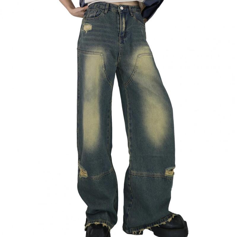 Celana Denim kaki lebar pria, Jeans Vintage Retro gaya Hop dengan lubang robek celana panjang untuk pakaian