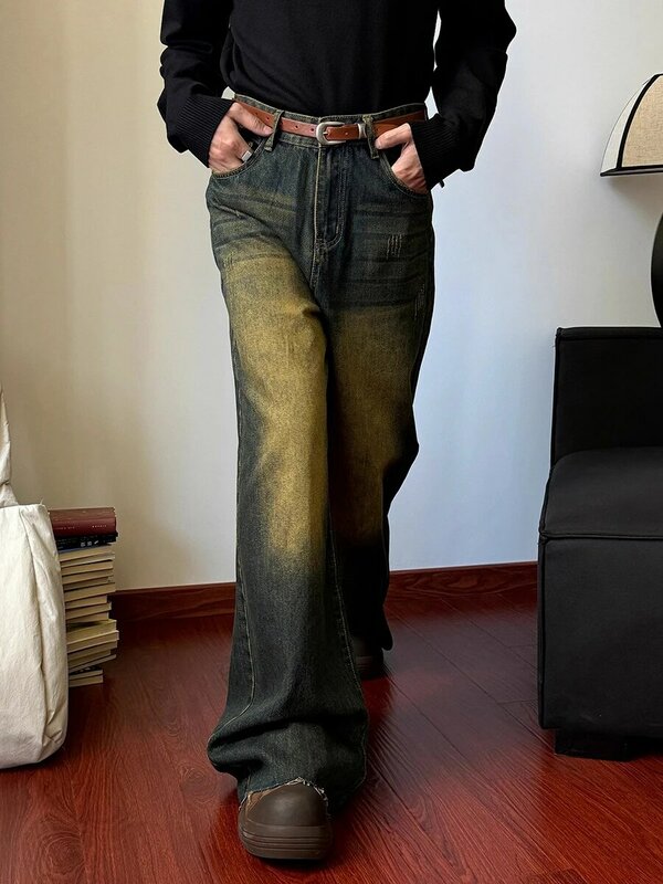 REDDACHiC Retro Green Wash Lengthen Men Baggy Jeans Raw Edge Whiskers Distressed Low Waist Wide Leg Pants Y2k Korean Streetwear