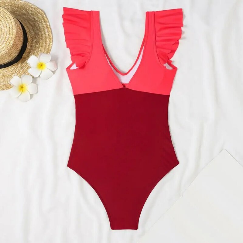 One-piece Swimwear Stylish Women's V-neck Monokini Ruffled One Piece Swimsuits for Summer Beachwear Tummy Control for Flattering