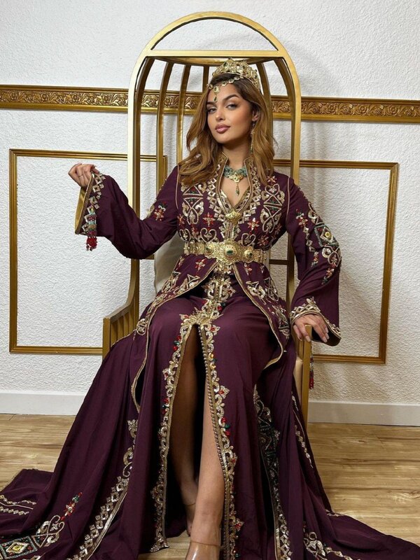 Luxus marok kanis chen Takshita A-Linie Abendkleider V-Ausschnitt Langarm Brautkleid Kaftan glänzende Kristalle Kleid Robe de Mariée