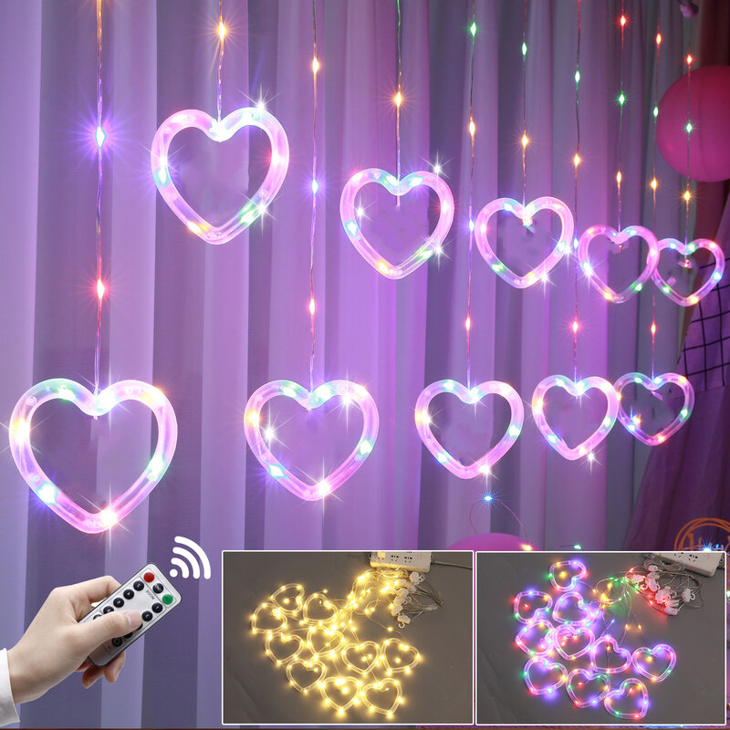 Window Curtain Lights, LED Soft Bright Heart Shaped String Lights with 8 Flashing Modes, Battery or USB Operated, for Wedding