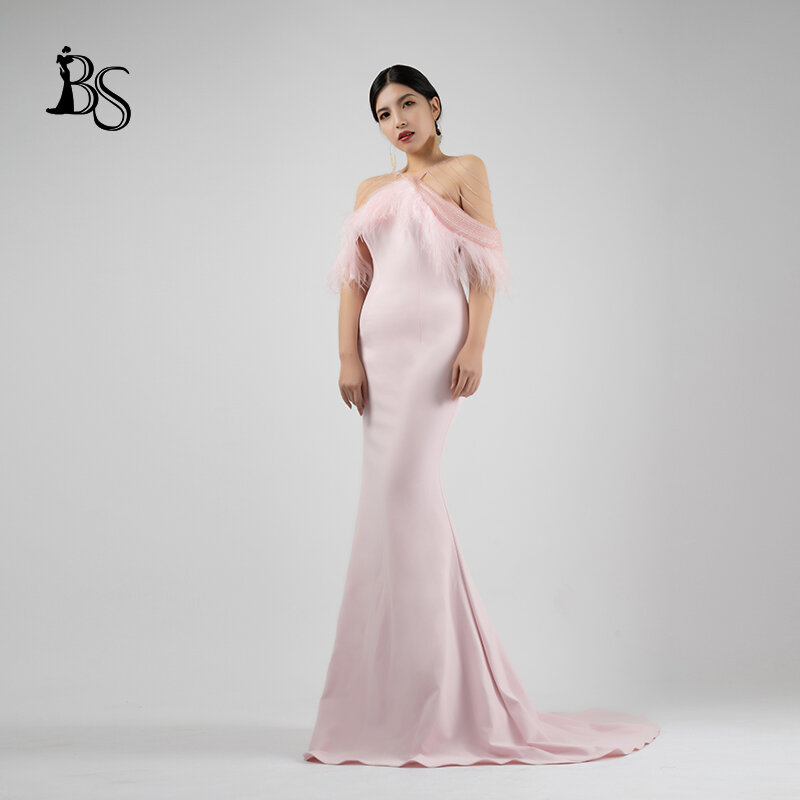 Sexy Evening Dress Pink Custom Made Women Backless Design Handmade Nail Beads Ostrich Hair Wedding Bridesmaid Dress Fitting H5
