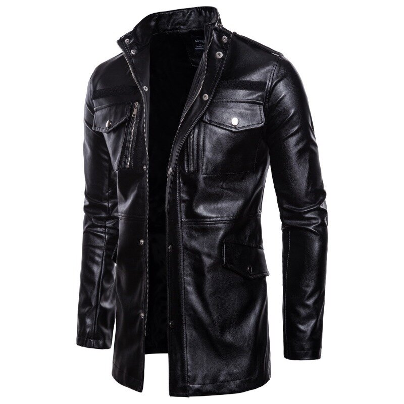 Fashion pakaian kulit pria, jaket kulit warna Solid ukuran besar setengah panjang dengan kerah berdiri kasual tas empat mulut 2023