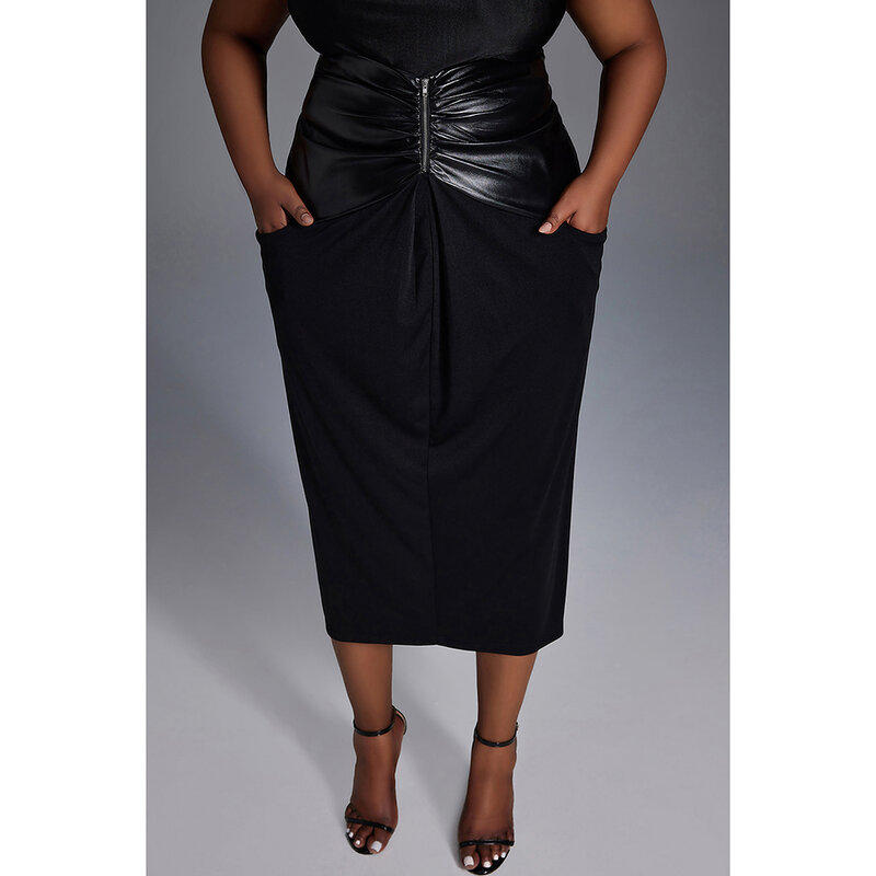 Plus Size Daily Skirt Black Pu-Leather Bodycon Denim Patchwork Skirt With Pocket