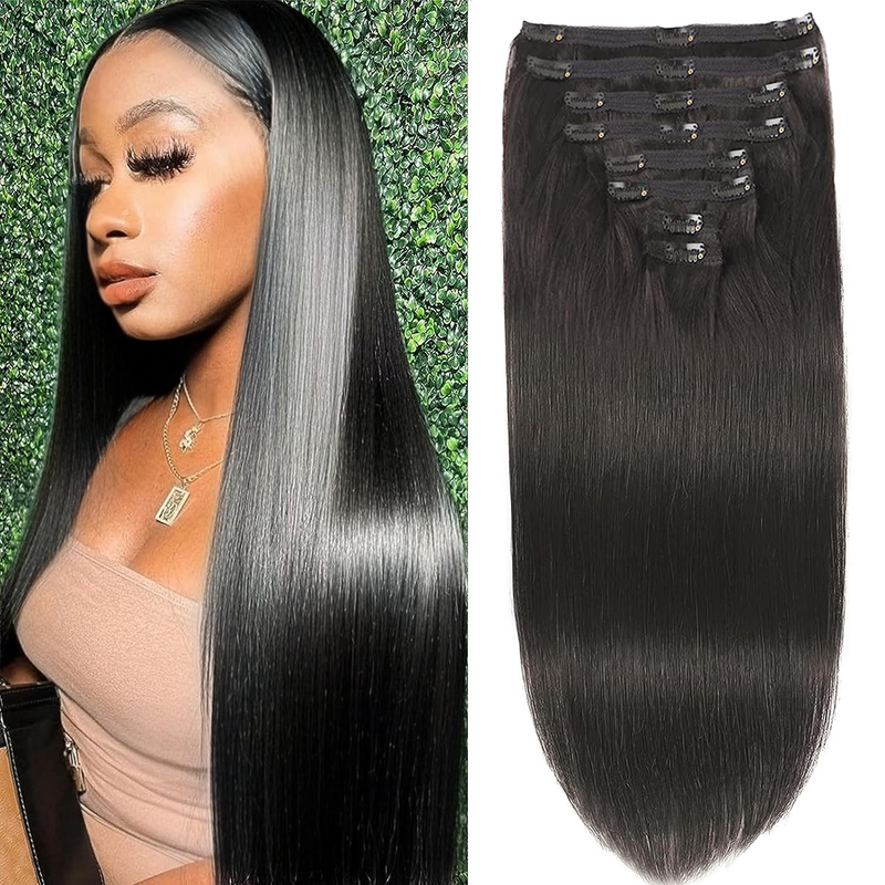 Natural Straight Clip In Hair Extensions 100% Real Human Hair Extensions 12-26 Inch Color #1B Black 120g For Salon High Quality