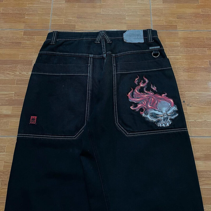 JNCO luźna, wysoka talia czarne dżinsy męskie 2024 nowy amerykański Y2K wzór czaszki Hip-Hop szerokie nogawki spodnie Vintage dżinsy w stylu Harajuku Unisex