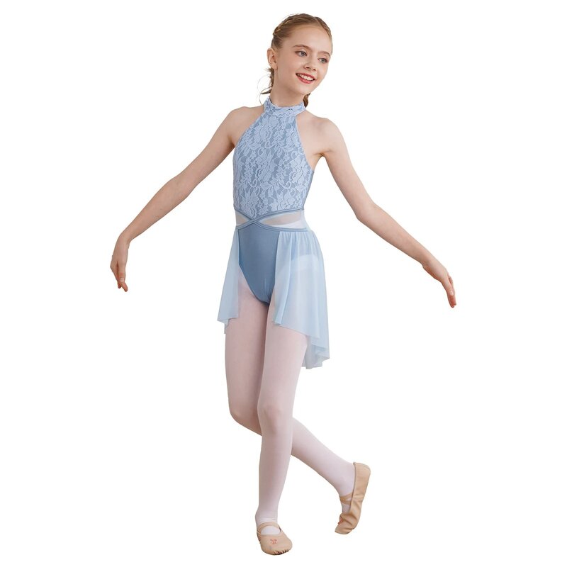 Vestido de leotardo de Ballet para niñas, Ropa de baile Lírica de Jazz, sin mangas, encaje Floral, espalda hueca, dobladillo Irregular
