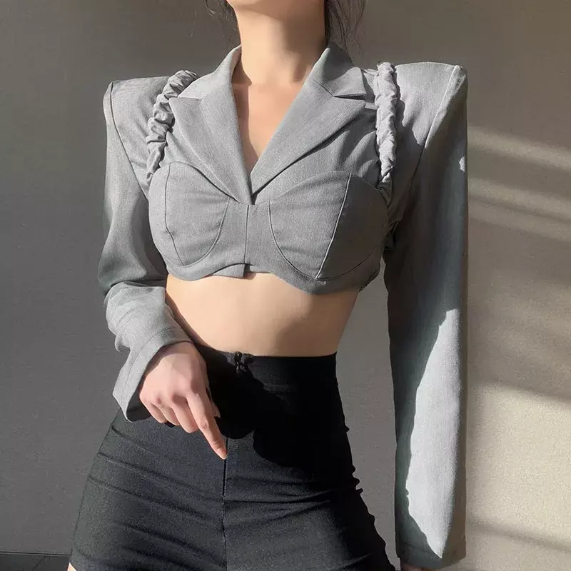 Women Shoulder Pads Jackets 2023 Korean Fashion Sexy Cropped Blazer Short Long Sleeve Chic Y2k Stylish Elegant Blazers Grey