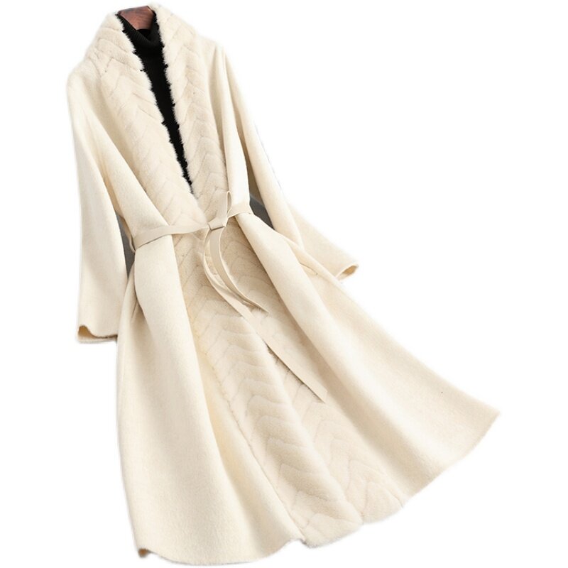 Pudi-abrigo de mezcla de lana auténtica para mujer, chaqueta cálida con Cuello de piel de visón, CT358, 2023