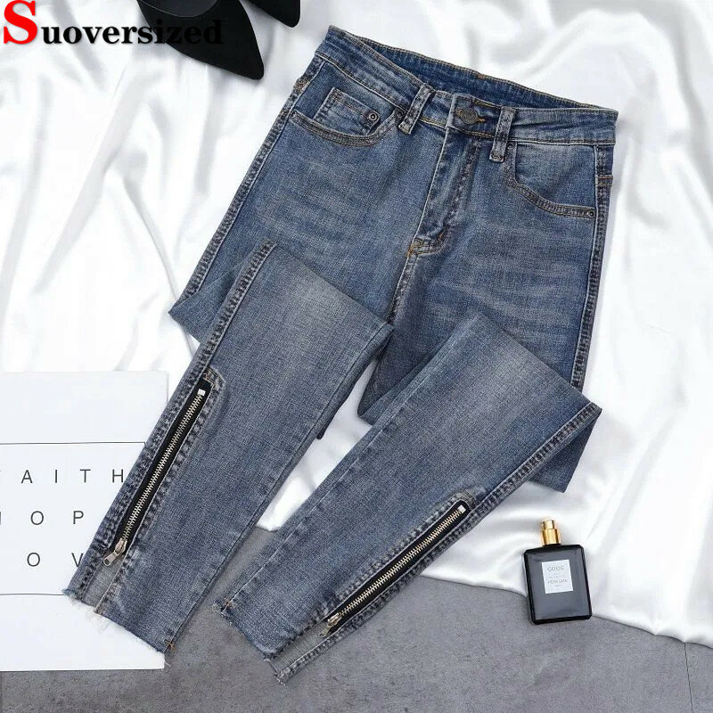 Джинсы-карандаш с завышенной талией в Корейском стиле, женские узкие Винтажные эластичные джинсовые брюки, Повседневная Уличная одежда, облегающие брюки до щиколотки