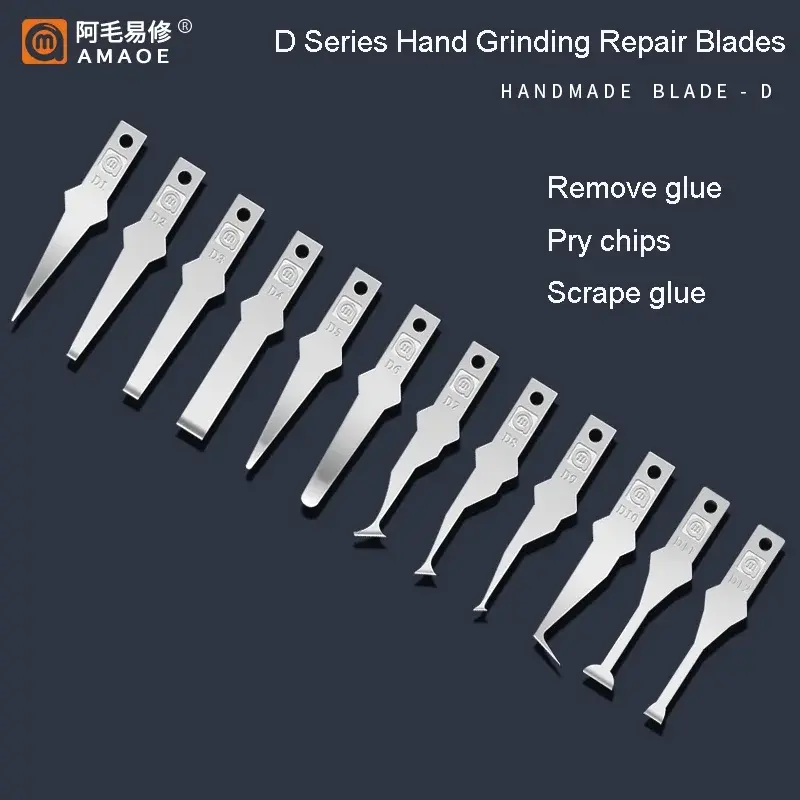 Amaoe D Series Handmade Polished Blades Metal Grinding Knife Warping Chip Motherboard Layering Edge Glue Scraping Tool 12pcs/set