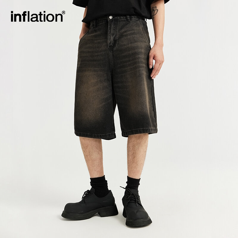 Inflação-lavado shorts jeans para homens, jeans de perna reta, streetwear, high street, tamanho grande