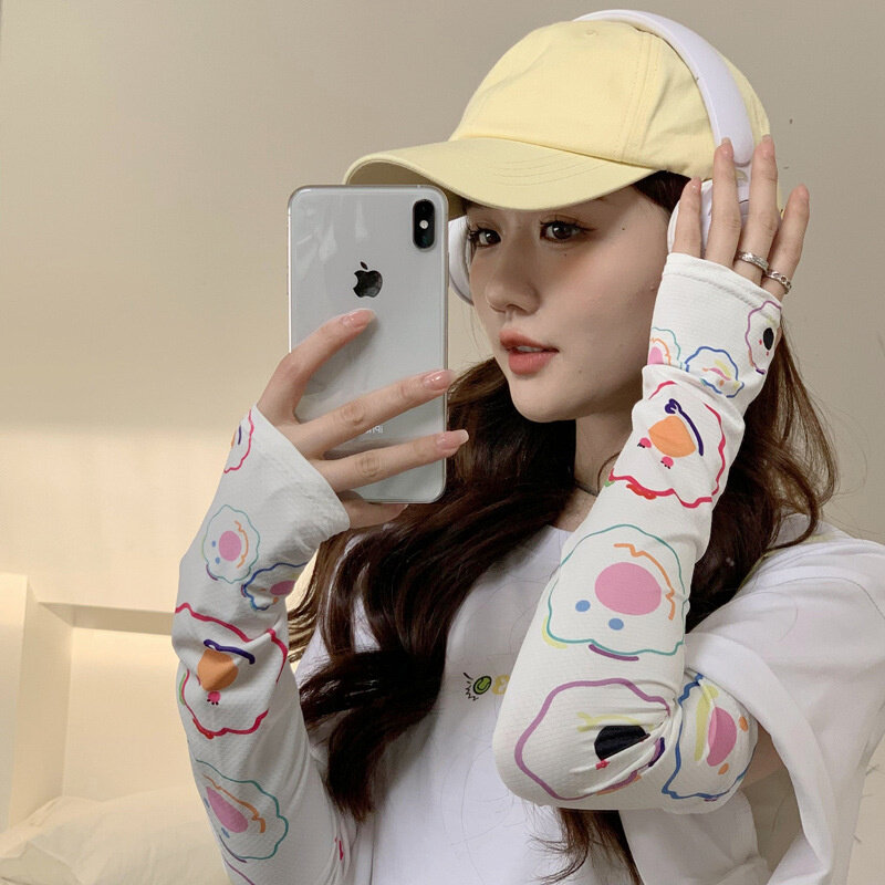 Summer Bicolor Stripe Ice Silk Arm Sleeve Sunscreen Outdoor Anti Ultraviolet Beach Sun Protect Breathable Thin Gloves For Women