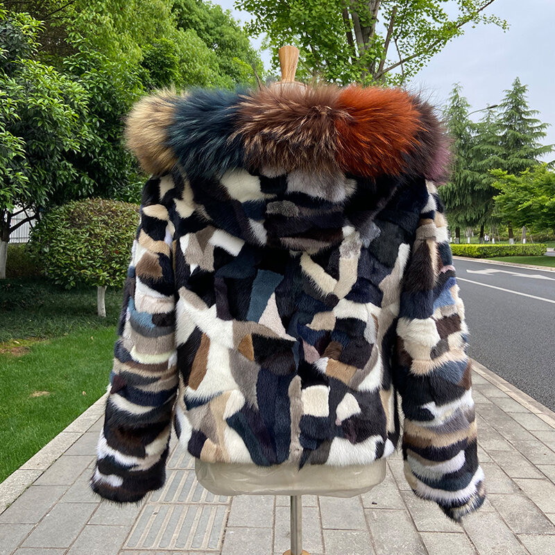 2022 Winter New Real Colorfu Mink Fur Coat Women Luxury Mink Fur Coat Fur Jacket With Bigger Hood and Raccoon Fur Collar