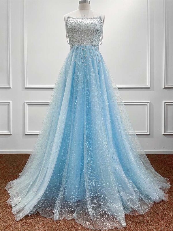 女性のためのエレガントな青いチュールイブニングドレス,台形のストラップレスとスパンコール,結婚式のパーティードレス,2024