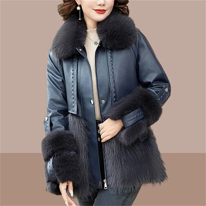 Jaqueta de couro feminina com gola grande de pele, pele de raposa imitação, casaco fino, parka feminina, grossa, quente, outono, inverno, roupas