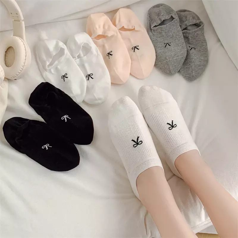 5 Pairs/Lot Women's Sock Slippers Summer New Thin Bow Sweet Invisible Socks For Girls Korean Style Mesh Trendy No Show Socks Set