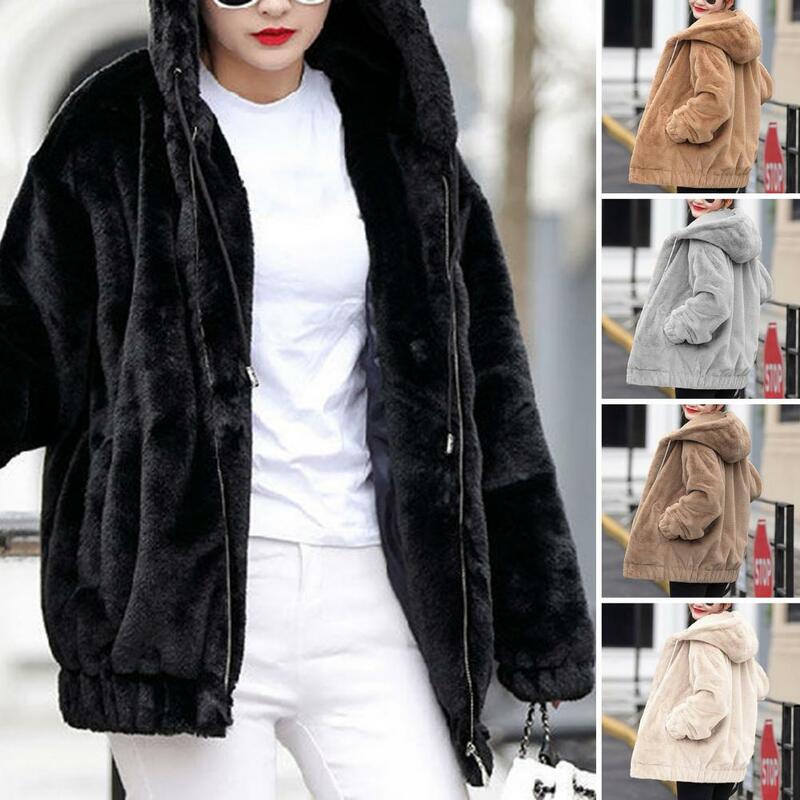 Women Solid Color Jacket Cozy Plush Hooded Women's Jacket with Zipper Closure Warm Winter Coat for Ladies Windproof for Fall