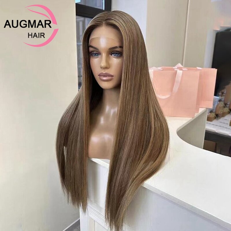 Perruque Lace Front Wig naturelle lisse sans colle, cheveux humains, blond miel, 4x4, 13x4, 13x6, HD, à reflets bruns