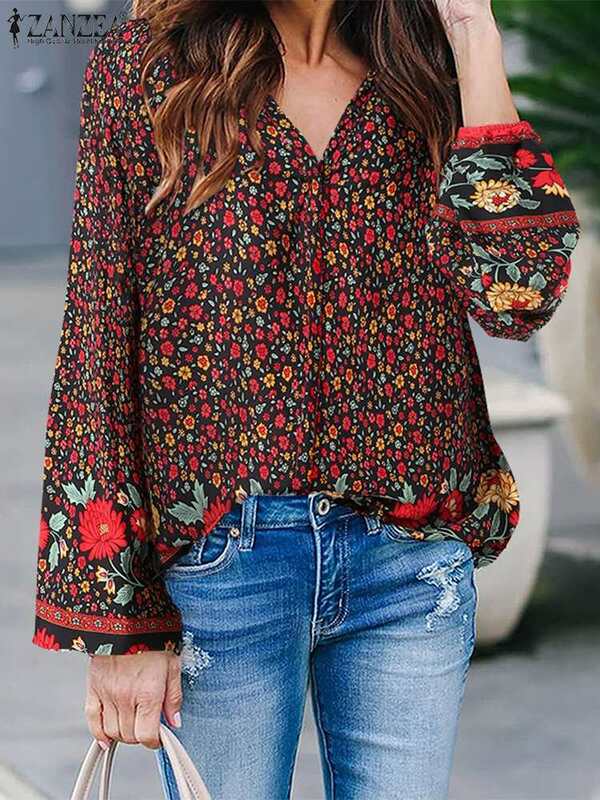 ZANZEA 2023 wiosenne jesienne damskie luźne bluzki kwiatowe w stylu boho z nadrukiem bluzki z długim rękawem V-Nec damskie elegancka tunika Streetwear