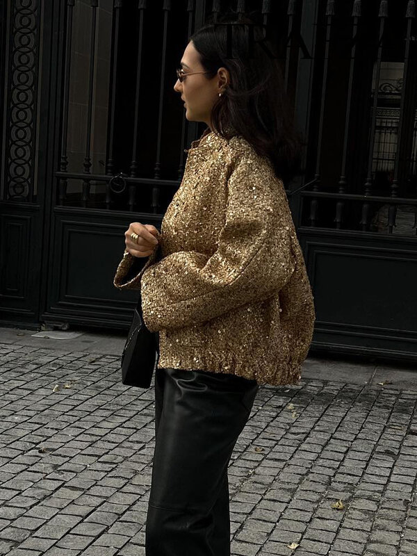 Kafza jaket pendek longgar wanita, tren payet emas jaket wanita mode baru serbaguna hangat Chic dan elegan