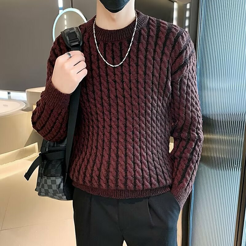 2023 Autumn Winter New Knitted Men Sweater Casual Fashion Solid Round Neck Pullover Red Coffee Youth Top