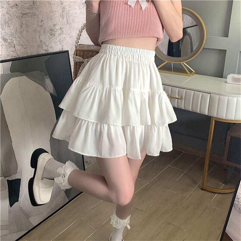 2024 Summer Women Trendy Double Layer Ruffle Sexy Mini Skirts Female Y2K Solid High Waist Cute Sweet Fairy Pleated A-line Skirt