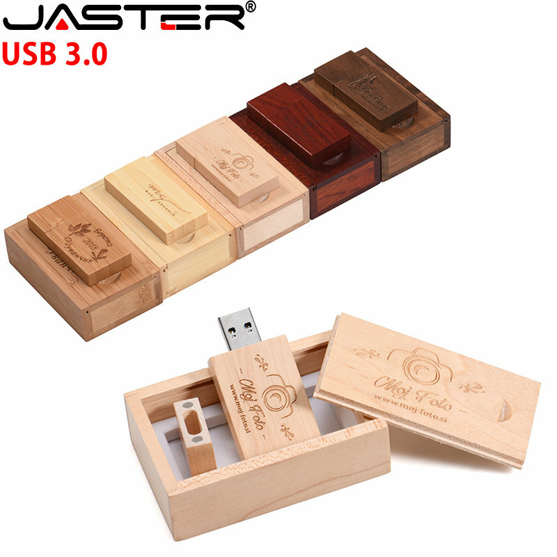 JASTER-Clés USB 3.0 en bois avec boîte, clé USB avec logo gratuit, disque U, cadeau de mariage créatif, 64 Go, 32 Go, 16 Go, 8 Go, 128 Go