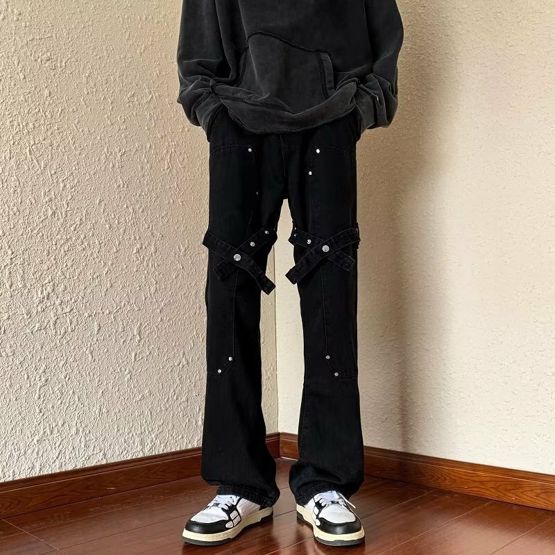Jeans Männer Mode schlanke schöne Frühling Herbst Bänder Niet Knopf Design amerikanischen Stil jugendliche Temperament Hose Teenager