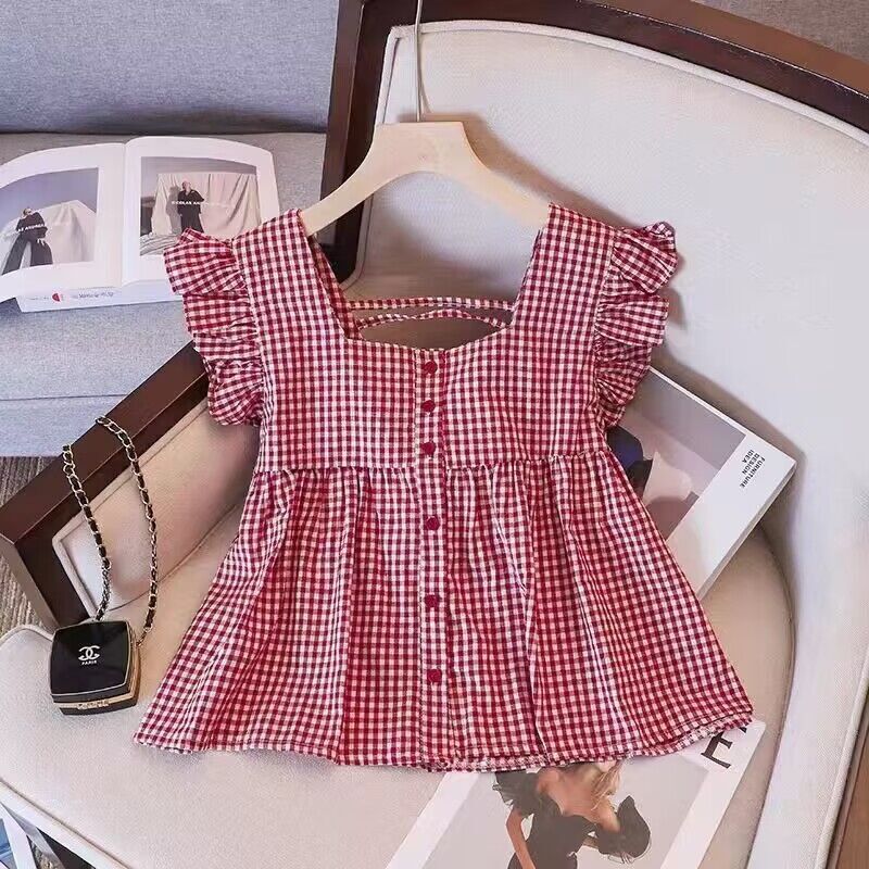 Korean Style Girl Cute Flying Sleeve Top Women's Summer Square Collar Loose All-Match Backless Small Doll Shirt