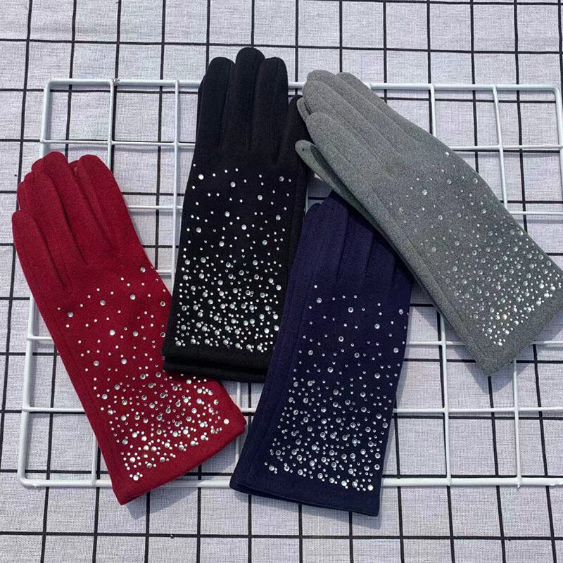 Женские ветрозащитные перчатки с кристаллами, винтажные зимние перчатки с пальцами для сенсорного экрана, для езды на велосипеде и вождения, T41