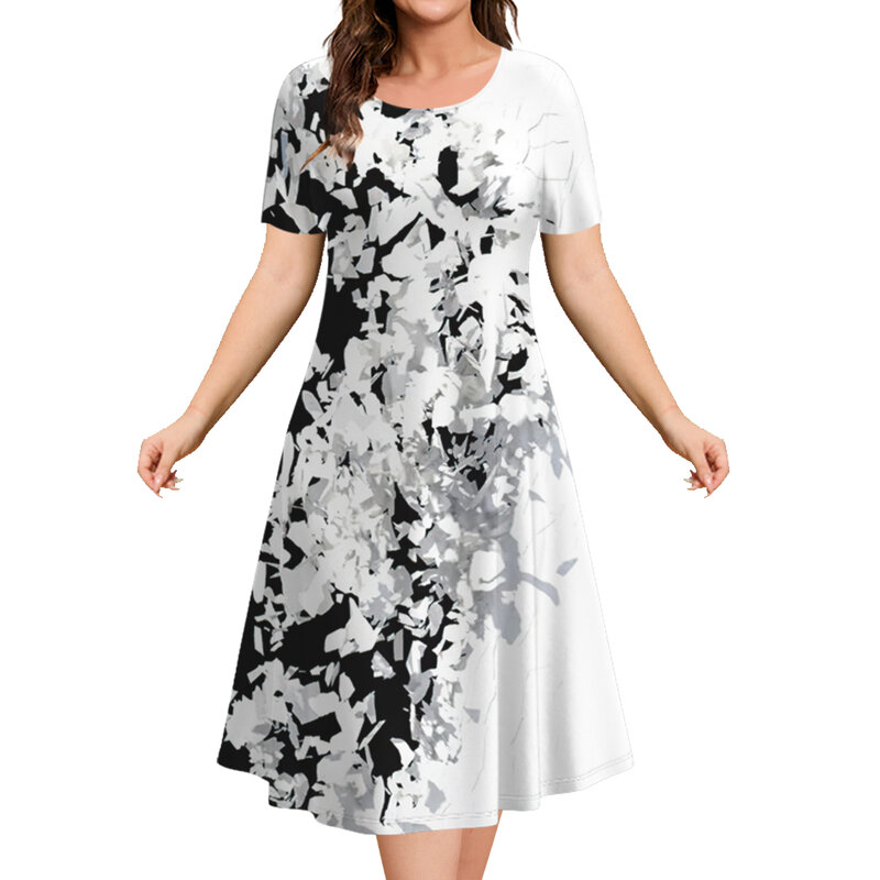 2024 Women's Dresses Floral Print Elegant Midi Dresses Female Short Sleeve Dress Fashion Oversized Clothes Summer