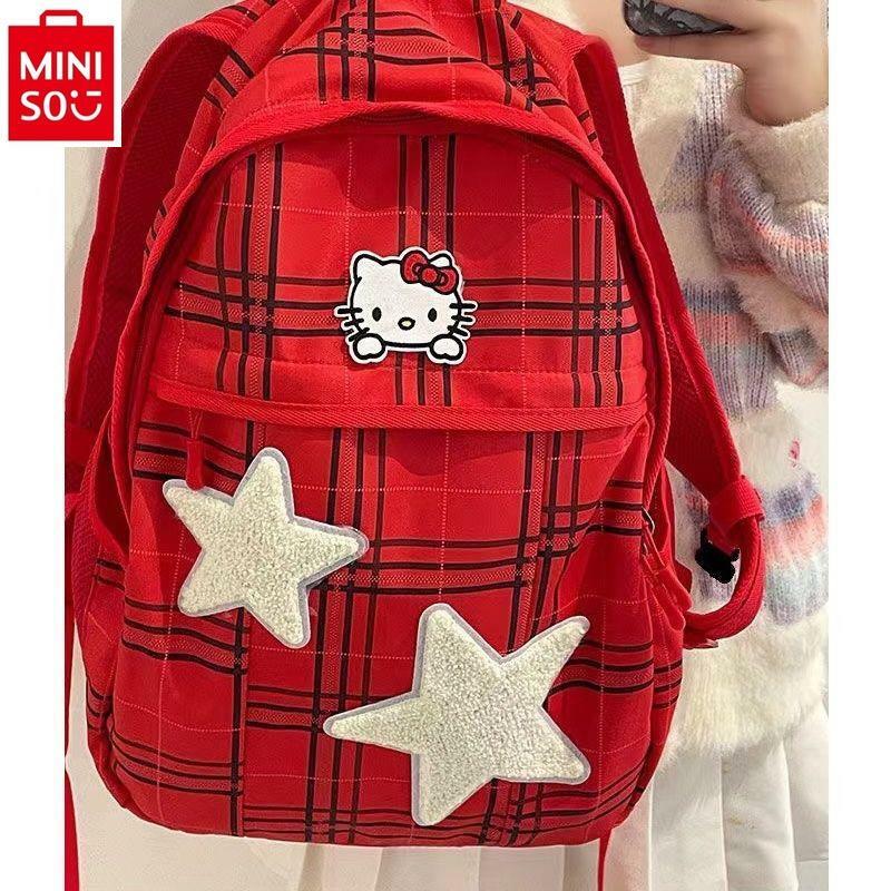 MINISO New San Liou Kitty Checkered Backpack Student Cute Versatile Large Capacity Children's Backpack